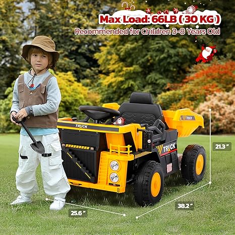 Dump Truck with Dump Bed, Shovel, 12V Remote Control Ride On Car, Battery Powered Construction Vehicles,Electric Cars with Bluetooth,Music,Kids