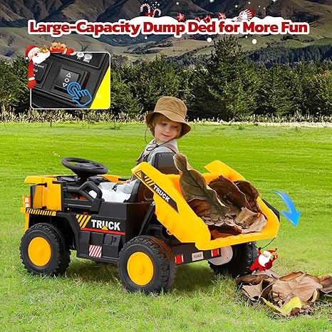 Dump Truck with Dump Bed, Shovel, 12V Remote Control Ride On Car, Battery Powered Construction Vehicles,Electric Cars with Bluetooth,Music,Kids