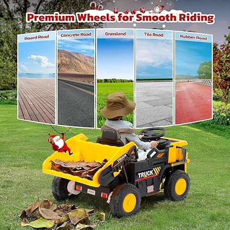 Dump Truck with Dump Bed, Shovel, 12V Remote Control Ride On Car, Battery Powered Construction Vehicles,Electric Cars with Bluetooth,Music,Kids